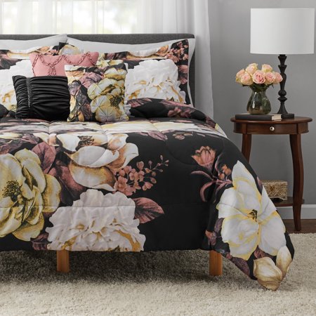 Mainstays Black Floral 10 Piece Bed in a Bag Comforter Set With Sheets, Queen