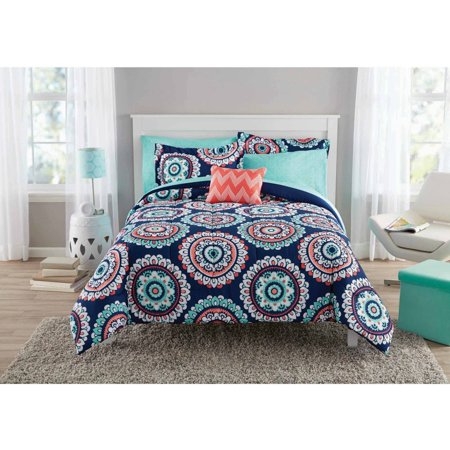 Mainstays Blue Medallion 8 Piece Bed in a Bag Comforter Set With Sheets, Queen