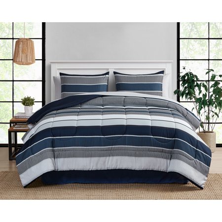 Mainstays Blue Stripe 8 Piece Bed in a Bag Comforter Set With Sheets, Full