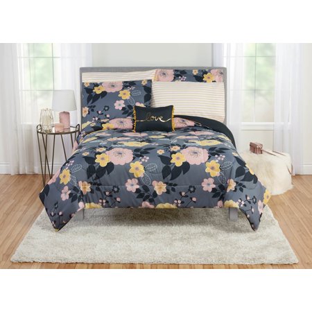 Mainstays Casual 85 Thread Count Nature & Floral 8 Piece Bed-in-a-Bag, Queen with Comforter, Flat Sheet, Fitted Sheet, Pillowcases and Shams