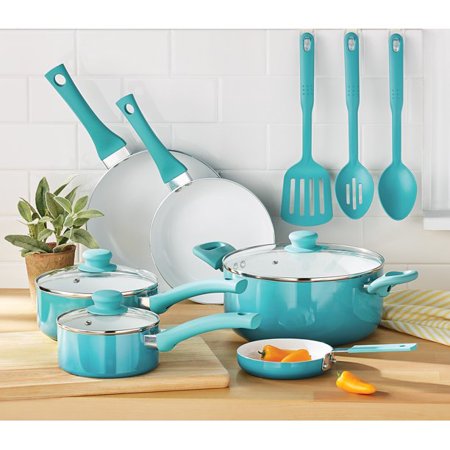 Mainstays Ceramic Nonstick Aluminum 12 Pieces Cookware SET Teal ombre