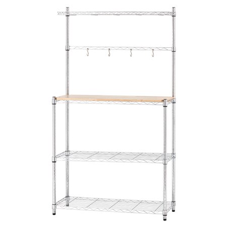Mainstays Chrome Plated Silver Metal Baker's Rack with Wood Shelf