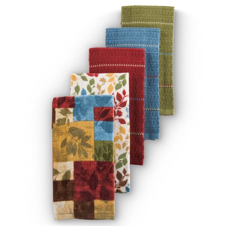 Mainstays Cortona Leaves Kitchen Towel Set, Multicolor, 15"W x 25"L, 5 Piece
