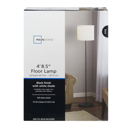 Mainstays Floor Lamp 4' 8.5" Black Finish With White Shade, 1 Count