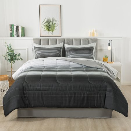 Mainstays Gray Stripe 8 Piece Bed in a Bag Comforter Set With Sheets, Queen