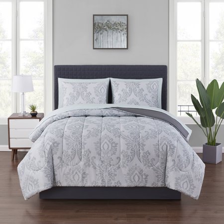 Mainstays Grey Damask 8 Piece Bed In A Bag Comforter Set With Sheets, Queen