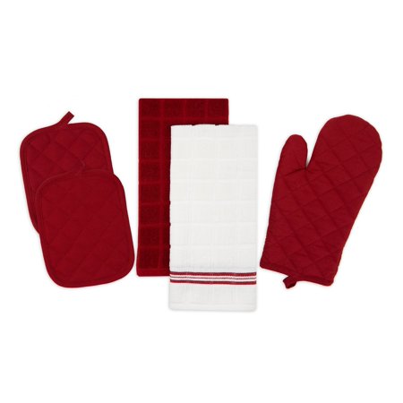 Mainstays Kitchen Towel, Oven Mitt & Pot Holder Kitchen Set, 5 Pack, Red