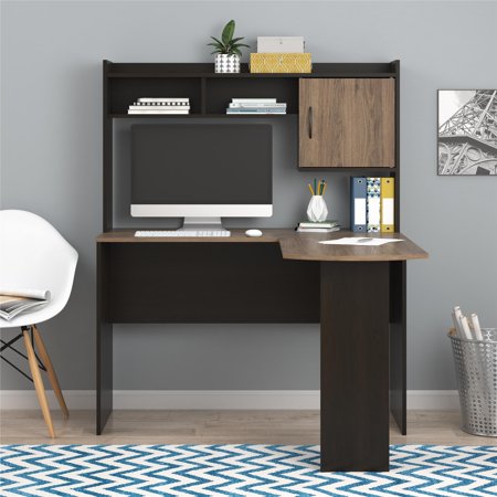 Mainstays L-Shaped Desk with Hutch, Espresso/Rustic Oak