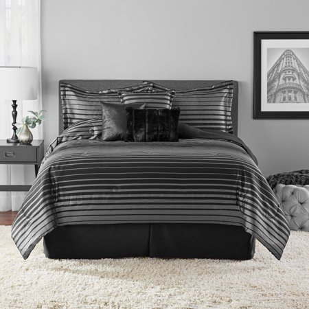 Mainstays Midnight 7-Piece Black Striped Woven Comforter Set, Full/Queen