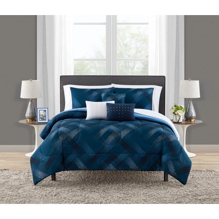 Mainstays Navy Plaid 10 Piece Bed in a Bag Comforter Set With Sheets, Queen