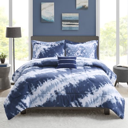 Mainstays Navy Tie Dye 8 Piece Bed in a Bag Comforter Set With Sheets, Queen