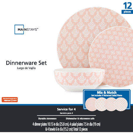 Mainstays Pearl Blush Print 12pc Dinnerware Set