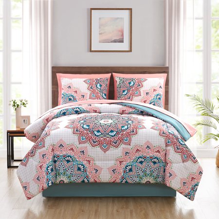 Mainstays Pink and Teal Medallion 8 Piece Bed in a Bag Comforter Set With Sheets, Queen