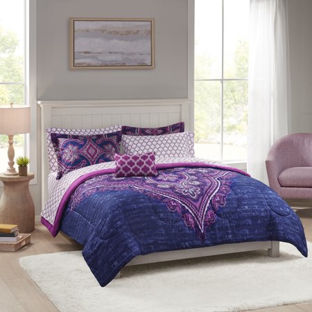 Mainstays Purple Medallion 6 Piece Bed in a Bag Comforter Set With Sheets, Twin/Twin XL