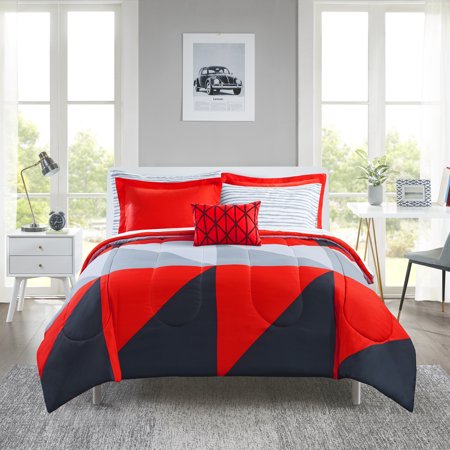 Mainstays Red and Black Geometric 8 Piece Bed in a Bag Comforter Set With Sheets, Full