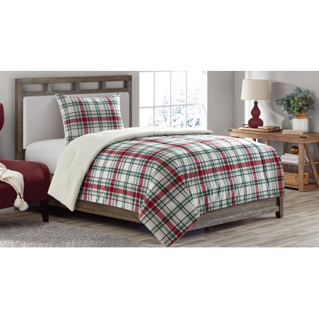 Mainstays Reversible to Sherpa Comforter Set, Full/Queen, Holiday Plaid