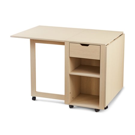 Mainstays Rolling Office Desk with Adjustable Shelves, Birch Finish