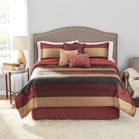 Mainstays Striped 7 Piece Comforter Sets, Full/Queen with Shams, Bed Skirt, Decorative Pillow