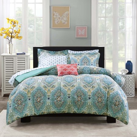 Mainstays Teal Paisley 8 Piece Bed in a Bag Comforter Set With Sheets, Full