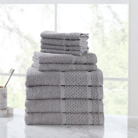 Mainstays Value 10 Piece 100% Cotton Bath Towel Set with Upgraded Softness & Durability, Gray