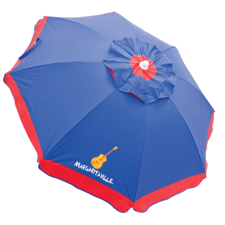 Margaritaville 6 ft Tilt Beach Umbrella with Sand Anchor and Wind Vents, Blue with Red Border