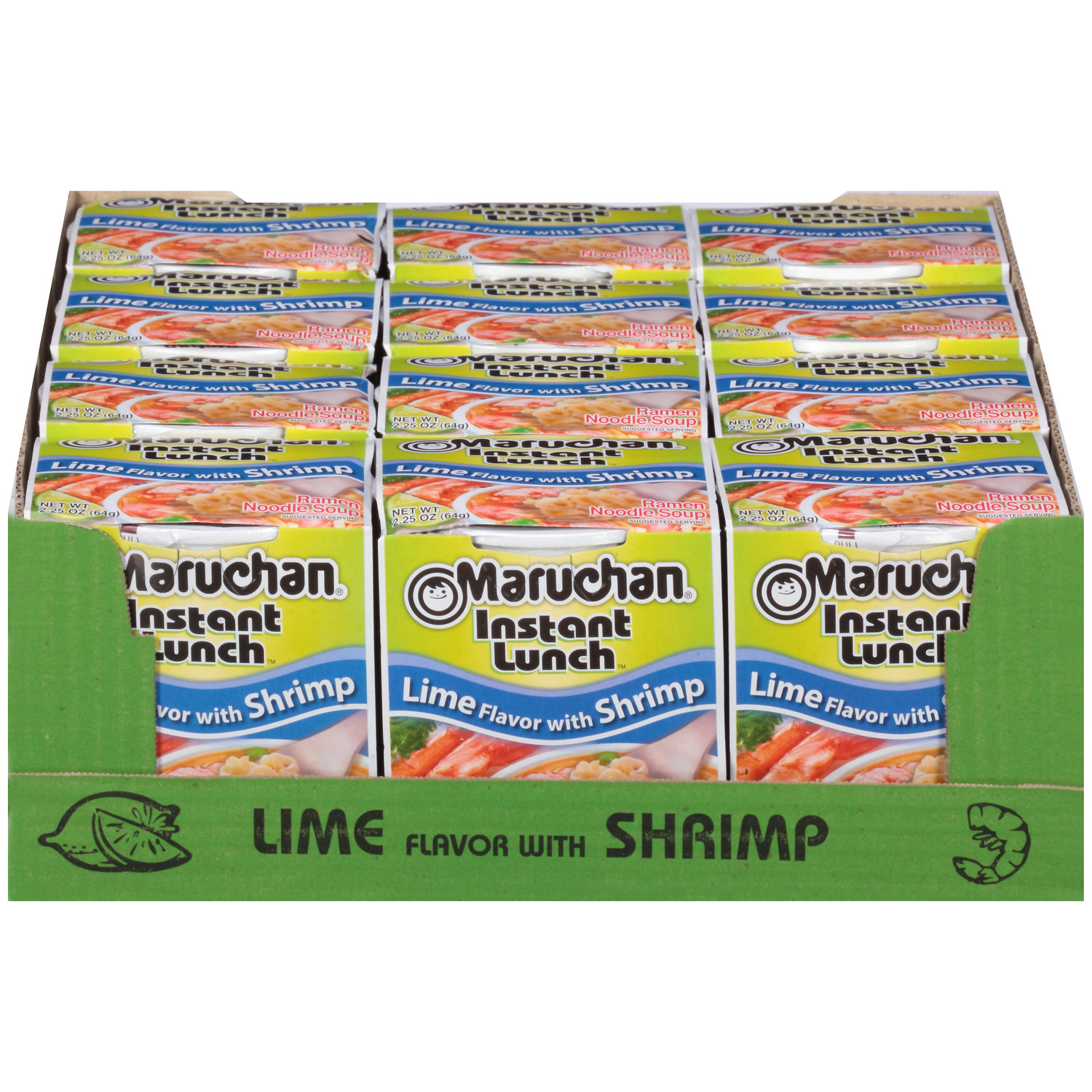 Maruchan Instant Lunch Ramen Noodles Soup Cup Lime with Shrimp 2.25 Oz 12 Pack