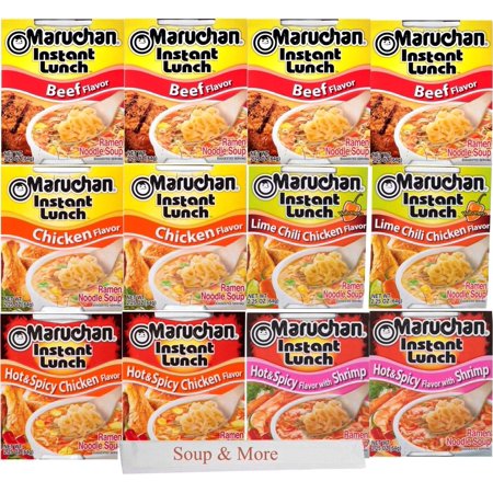 Maruchan Ramen Cup Noodles Instant 12 Count - 4 Beef, 2 Chicken, 2 Hot & Spicy Shrimp, 2 Hot & Spicy chicken & 2 Lime Chili Chicken Lunch / Dinner Variety, 5 Flavors