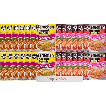 Maruchan Ramen Cup Noodles Instant 24 Count - 12 Hot and Spicy Shrimp cups & 12 Shrimp cups Lunch / Dinner Variety, 2 Flavors