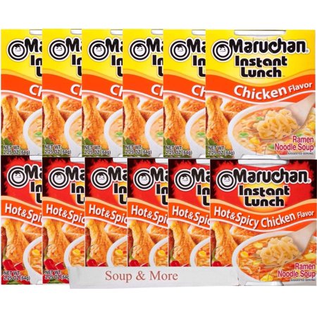 Maruchan Ramen Instant Cup Noodles 12 Count - 6 Chicken Flavor & 6 Hot & Spicy Chicken Flavor Lunch / Dinner Variety, 2 Flavors