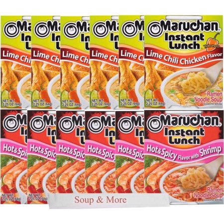 Maruchan Ramen Instant Cup Noodles 12 Count - 6 Hot & Spicy Shrimp Flavor & 6 Lime Chili Chicken Flavor Lunch / Dinner Variety, 2 Flavors