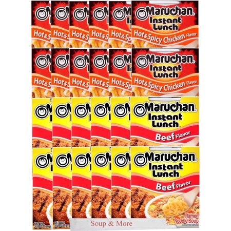 Maruchan Ramen Instant Cup Noodles 24 Count - 12 Beef Flavor & 12 Hot & Spicy Chicken Flavor Lunch / Dinner Variety, 2 Flavors