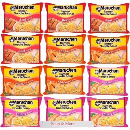 Maruchan Ramen Instant Soup Noodles 12 Count - 4 Shrimp Flavor & 4 Chicken Flavor & 4 Beef Flavor Lunch / Dinner Variety, 3 Flavors