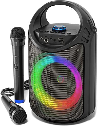 MASINGO 2022 NEW Bluetooth Karaoke Machine for Adults and Kids with 1 Wireless Karaoke Microphone and 1 Wired Mic - PA Portable Speaker System with LED Party Lights - Best Birthday Gift - Burletta C10 - Amazon Today Only