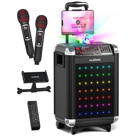 Masingo Karaoke Machine System, Portable PA Bluetooth Speaker , 2 Wireless Microphones - Soprano X1 Black
