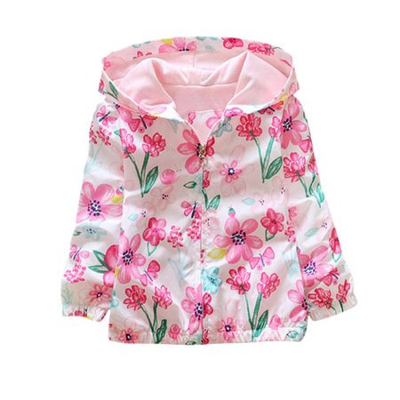 Maxcozy Spring Child Baby Girls Pink Floral Windbreaker Coat Hooded Jacket Trenchcoat, 2-7 Years