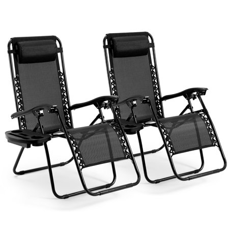 Maxkare Zero Gravity Chair Set of 2 Antigravity Outdoor Patio Lawn Lounge Beach Pool Mesh Folding Recliner with Adjustable Pillows and Cup Holder Trays for Tanning, Guideman, Black