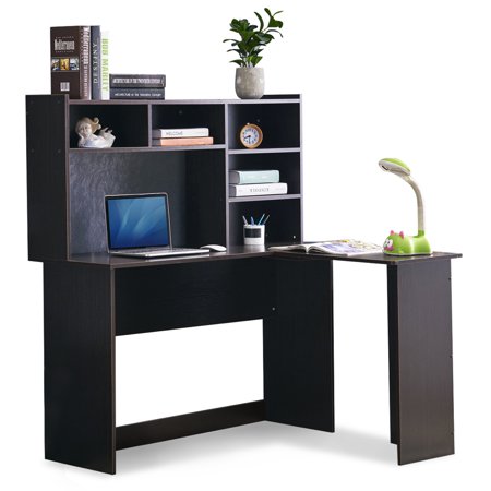 Mcombo Corner Desk with Hutch L-Shaped Desk Computer Desk Executive Desk for Home Office Furniture Dark Brown