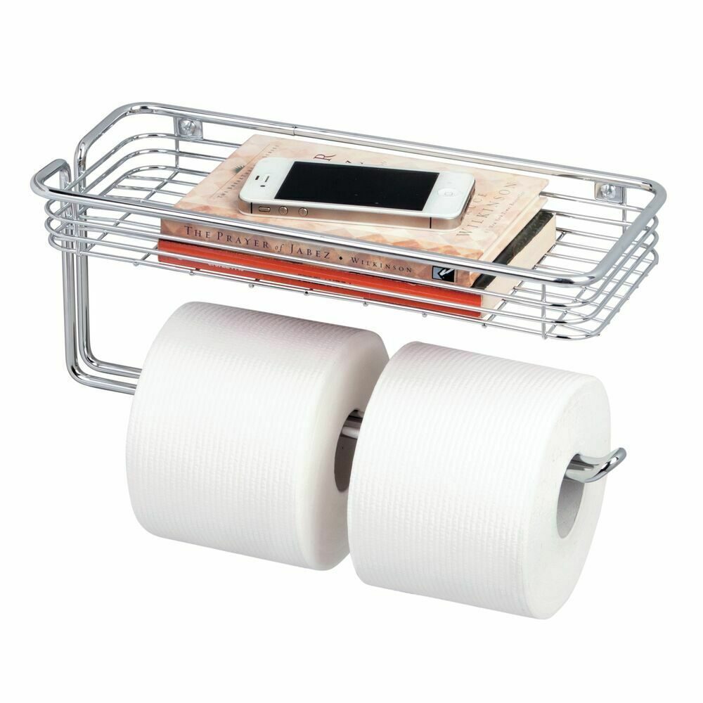 mDesign Metal Wall Mount Toilet Tissue Paper Holder/Storage Shelf - Chrome