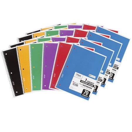 Mead Spiral Bound Notebook, College Rule, 1 Subject, Assorted Colors, 70 Sheets, Pack of 24