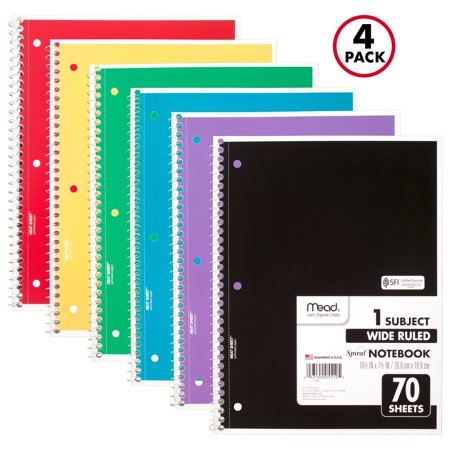 Mead Spiral Notebook, 1 Subject, Wide Ruled, 70 Sheets, 4 Pack (72873)
