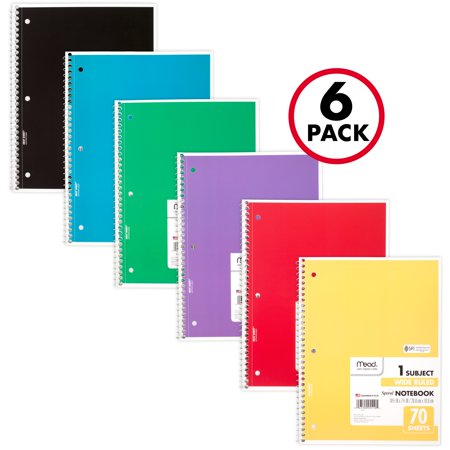 Mead Spiral Notebook, 1 Subject, Wide Ruled, 70 Sheets, 6 Pack (73063)