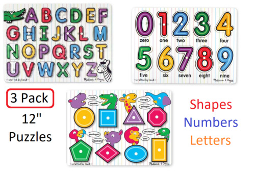 Melissa & Doug Classic Wooden Peg Puzzles See-Inside Alphabet Numbers & Shapes
