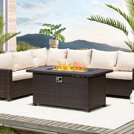 Mellcom 44'' Propane Fire Pit Table, 50,000 BTU Wicker Gas Fire Pit with Cover, Aluminum Tabletop, Glass Rocks, Dark Brown