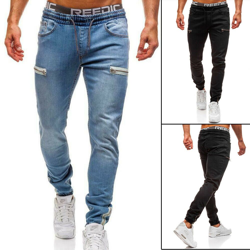 Men's Casual Denim Jeans Jogger Pants Sweatpants Elastic Skinny Workout Trousers