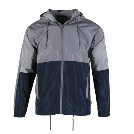 Men's Casual Hood Full Zip Lightweight Windbreaker Active Jacket Grey and Navy Small Size