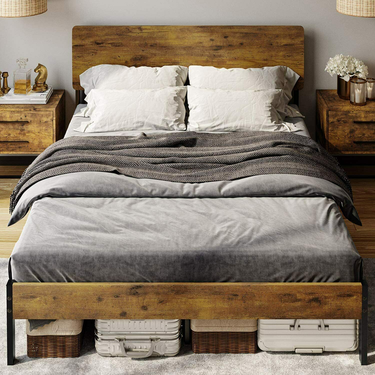 Metal Queen Size Bed Frame with Wood Headboard & Footboard, Rustic Country Style