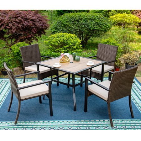 MF Studio 5-Piece Outdoor Patio Dining Set with 4 PCS Rattan Cushioned Armchairs& 1 PC Square Table, Dark Brown