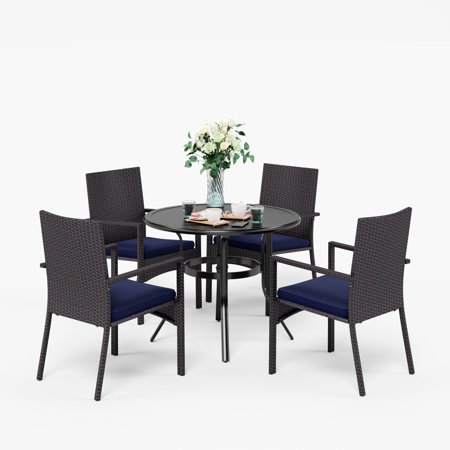 MF Studio 5-Piece Patio Round Dining Table Sets, 37" Metal Dining Table with Umbrella Hole & 4 Rattan Chairs for Outdoor, Yard, Porch