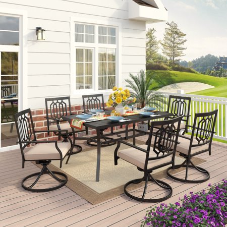 MF Studio 7 Piece Outdoor Patio Dining Set, 6 Piece Swivel Dining with Beige Cushion & 1 Piece Rectangle Slatted Metal Table Suitable for Garden Patio Dining Room