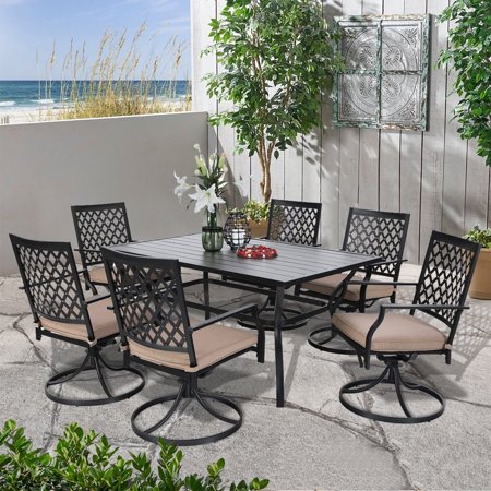 MF Studio 7 Pieces Outdoor Dining Set Metal Patio Furniture with 6 Swivel Dining Chair and 1 Rectangular Dining Table, Beige Cushion